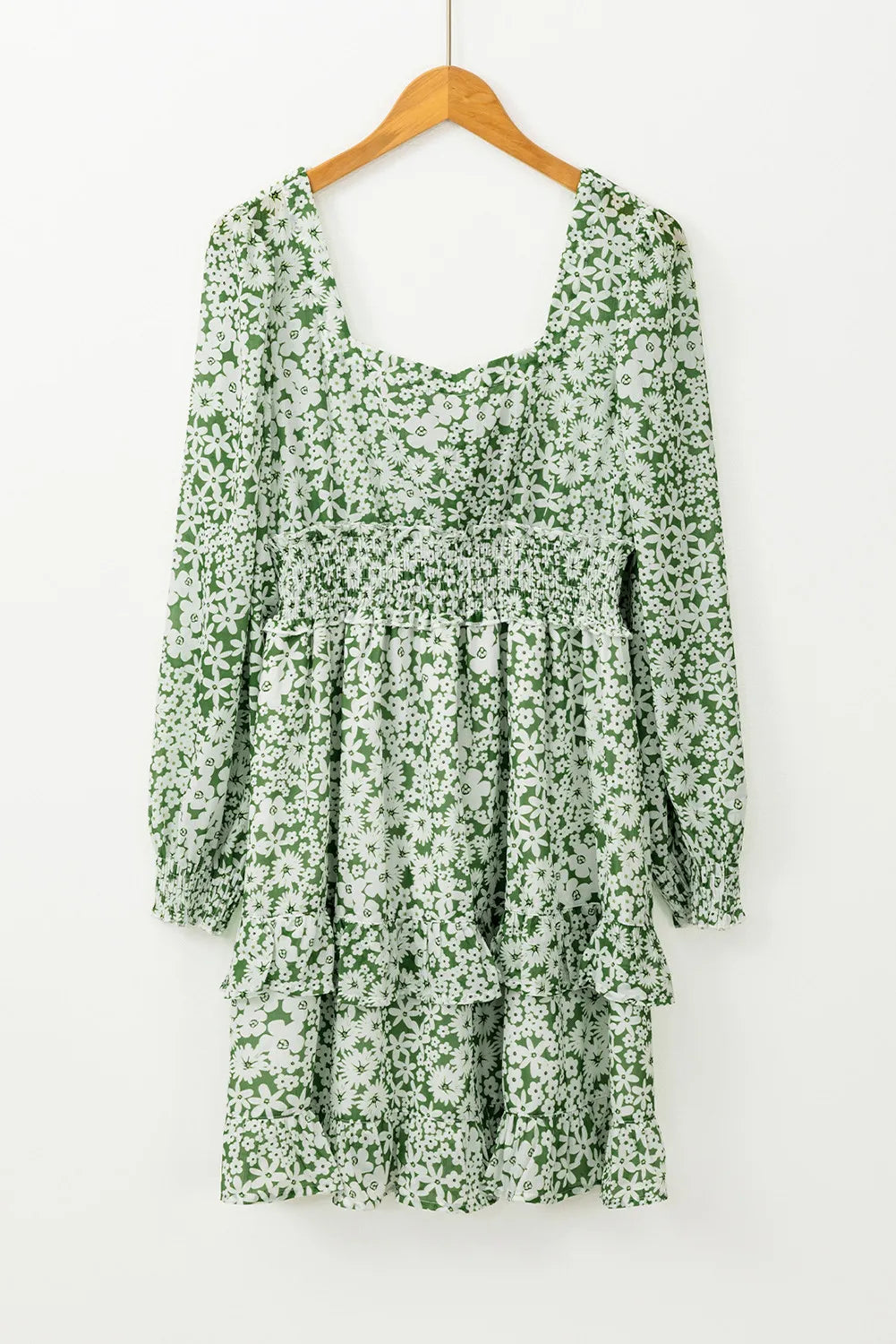 Ruffle Hem Floral Square Neck Long Sleeve Dress - Velora