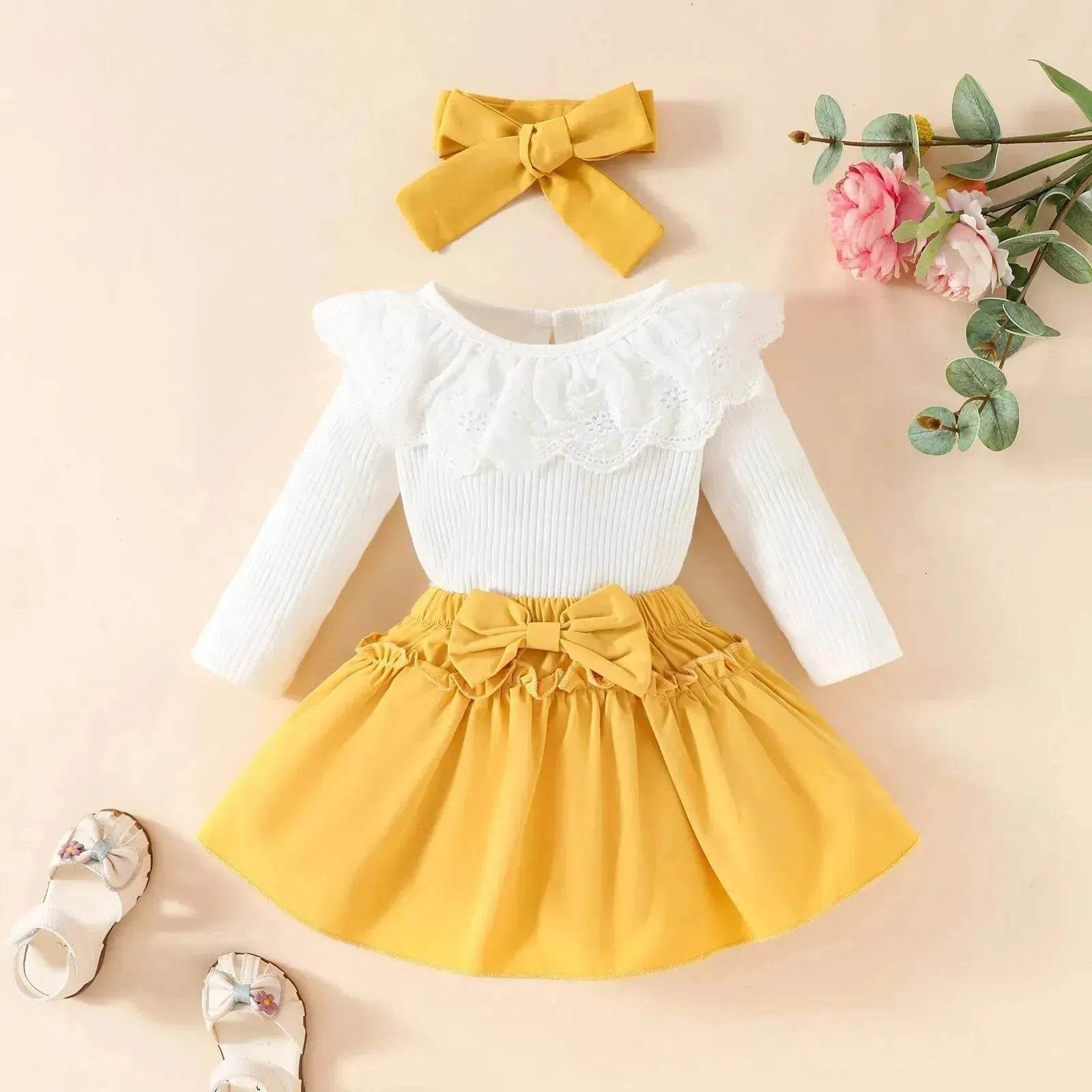 Two piece Baby Girl Lace Ruffles Long-sleeve romper Bow Skirt Hair Bowtie Band baby girl outwear - Velora