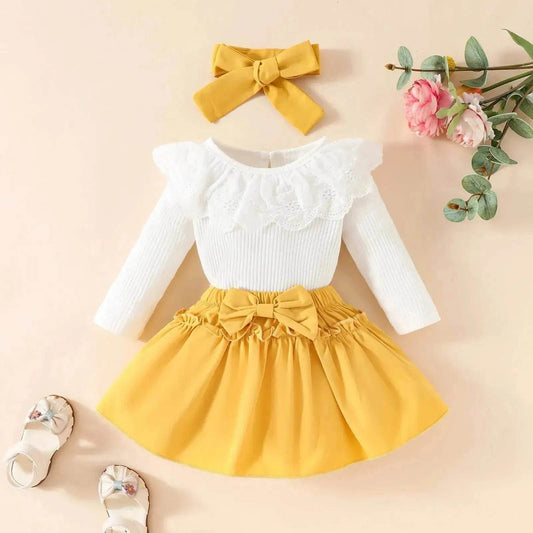 Two piece Baby Girl Lace Ruffles Long-sleeve romper Bow Skirt Hair Bowtie Band baby girl outwear - Velora