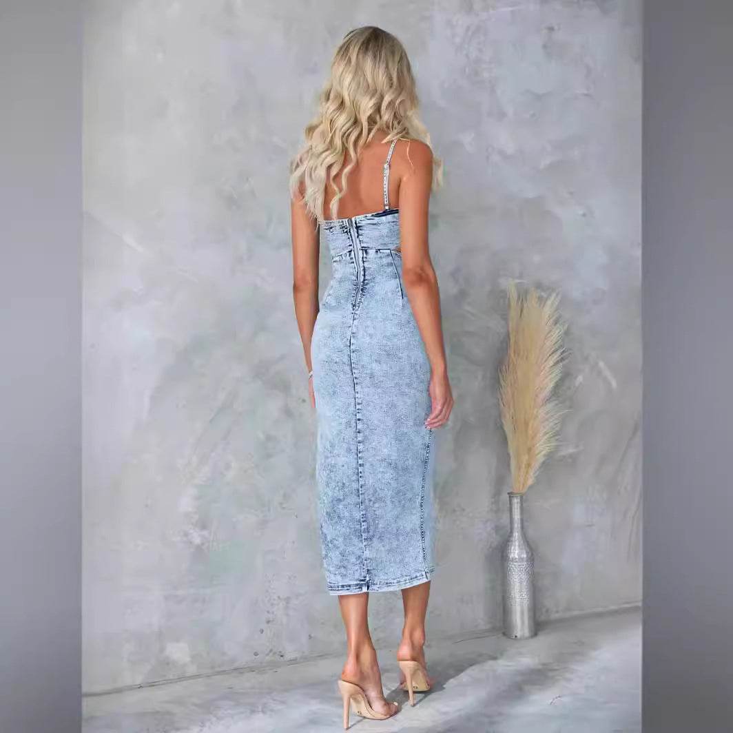 Women's Fashion Personalized Sleeveless Sling Denim Split Midi fitted Dress - Velora