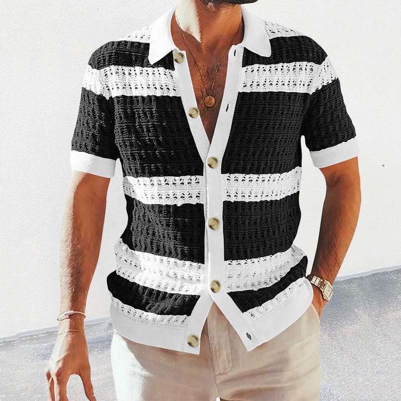 Summer Luxury Fashion New Knitted Shirt Men's Polo Neck Short Sleeve Colored Hollow Breathable Cardigan Men's Top Coat - Velora