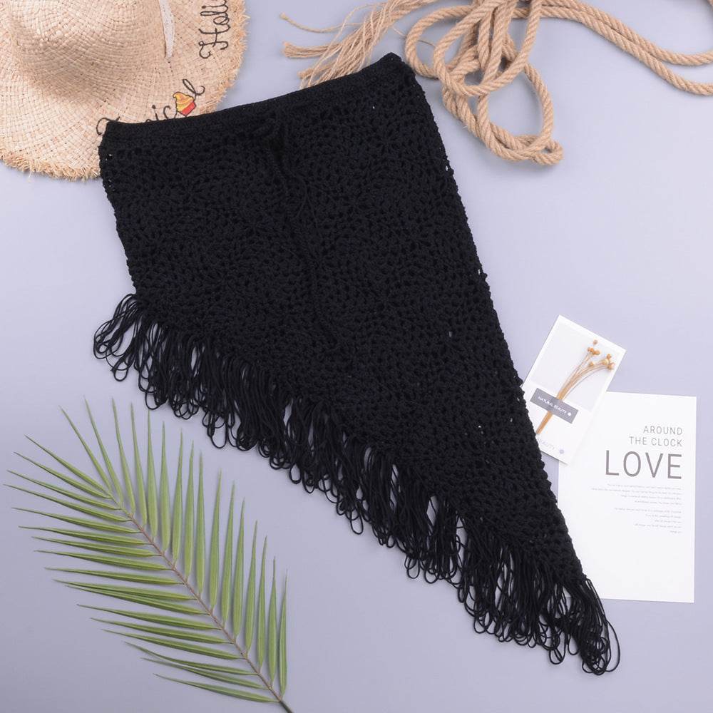 European And American Women's See Through Hollow Knitted tassel fringe Slant Beach Skirt - Velora
