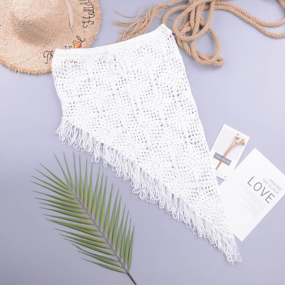 European And American Women's See Through Hollow Knitted tassel fringe Slant Beach Skirt - Velora