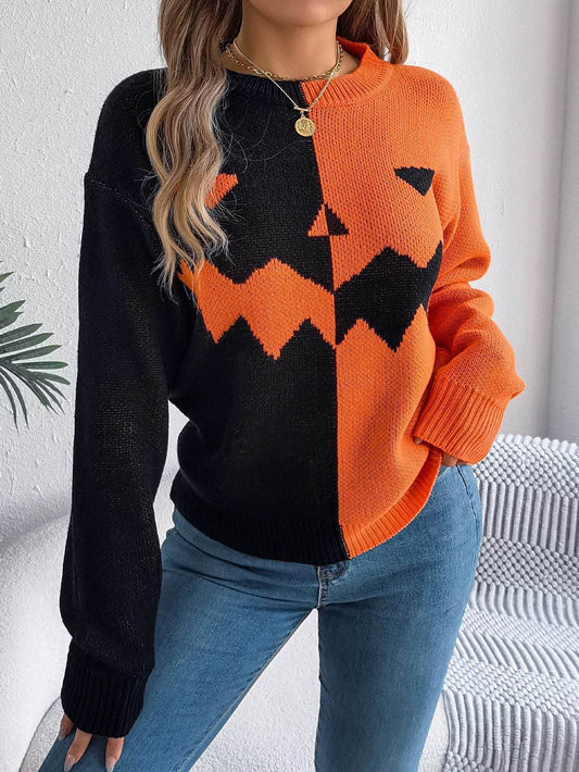 Fall And Winter Halloween Spooky Pumpkin Contrast Long Sleeve Pullover Sweater Women's Clothing - Velora