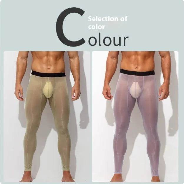 Men's Ultra thin Ice Silk Long John Skinny Flesh Nude Reflective Slim Leggings