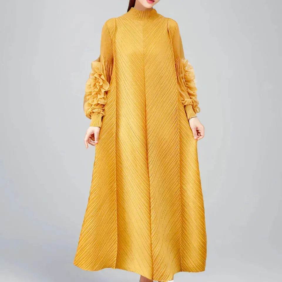 Middle East Plate Flower Loose Plus Size Pleated Extended Dress Oganza Long Sleeve Maxi Dress for Occasional events - Velora