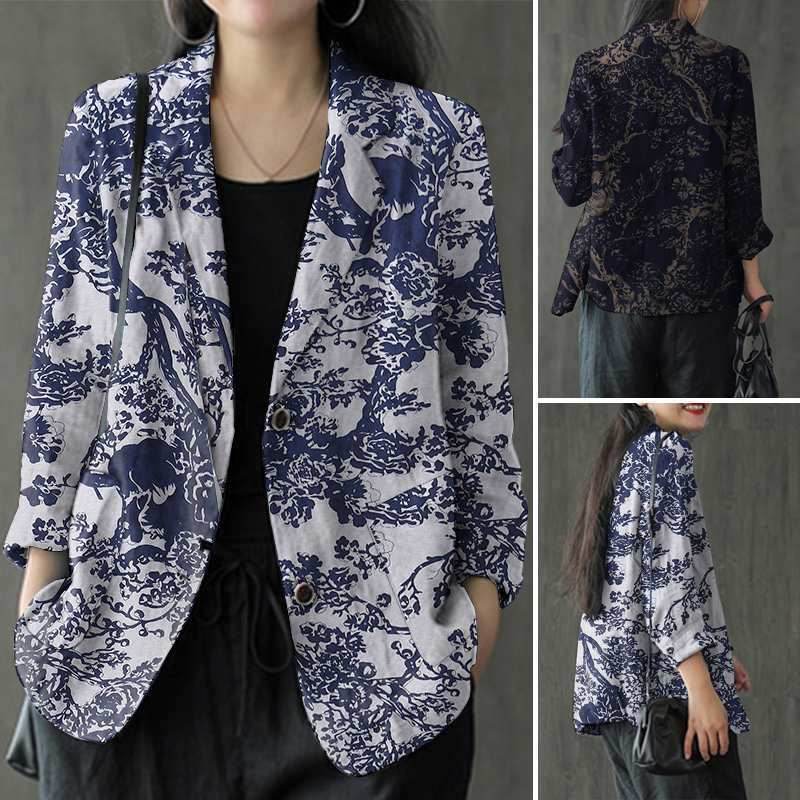 Women's floral Cotton Linen jacket Pocket Blazer - Velora