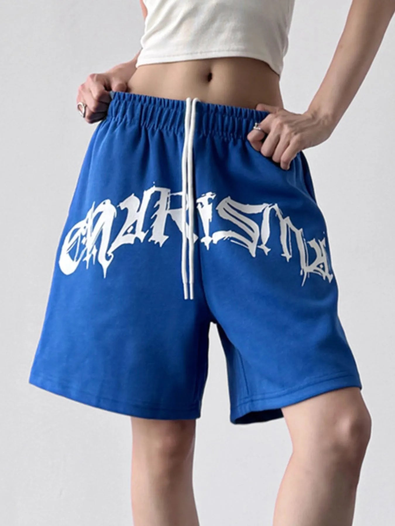 Oversized Drawstring Letter Shorts - Velora