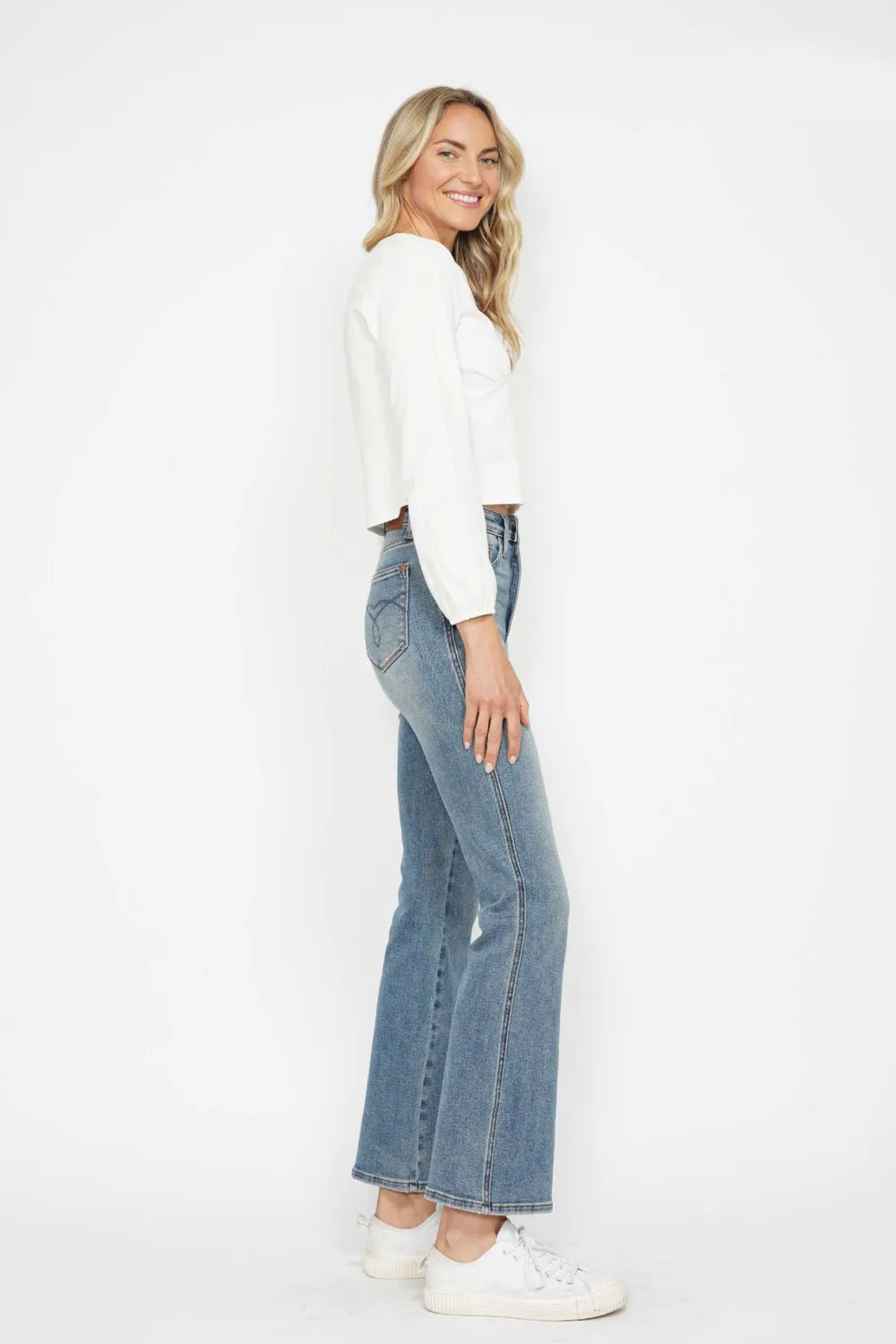 Judy Blue Full Size Tummy Control Back Embroidered Pocketed Bootcut Jeans Plus Size - Velora