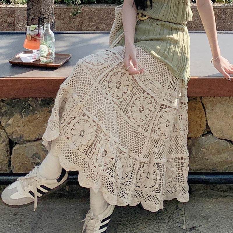 Retro Vacation Style Crocheted Hollow Beige Maxi Skirt - Velora