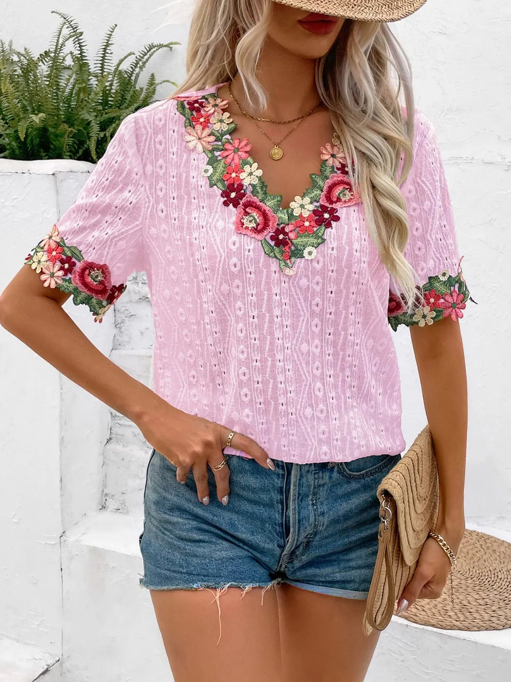 Ivy Lane Eyelet Embroidered V-Neck Short Sleeve Blouse - Velora