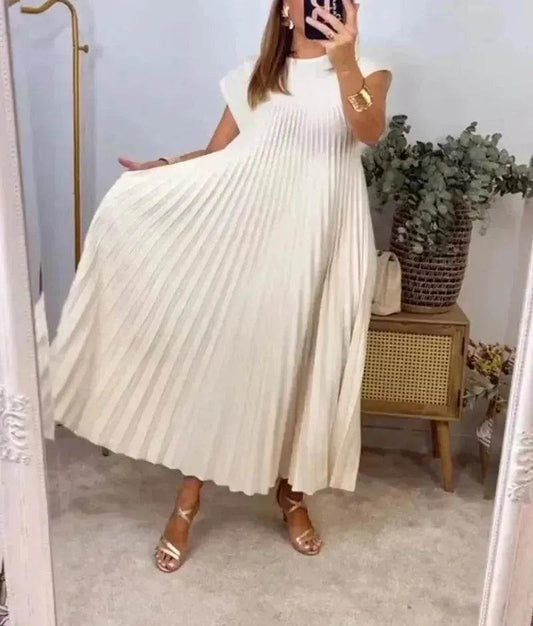 Women Summer Pleated Maxi Dress Casual Short Sleeve Crewneck Flowy Swing Long Dress with Pockets - Velora