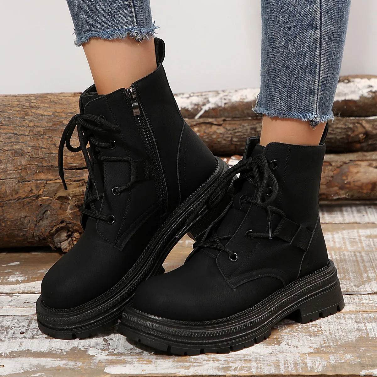 Square-heeled Lace-up Boots For Women Fall Winter All-match Slim Shoes Fashion Ankle Boot - Velora
