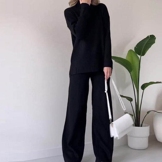Turtleneck Knitted Suit Loose Split Design Long-sleeved Top And Straight Trousers Fashion Casual Solid Set Women's Clothing - Velora