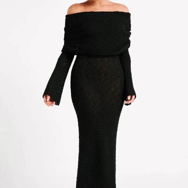 French-style Off-shoulder Dress Party Long-sleeved Long Dress - Velora