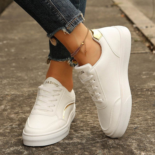 Lace-up White Flats Shoes Fashion Round Toe Slip-on Thick Sole Casual Shoes For Women - Velora
