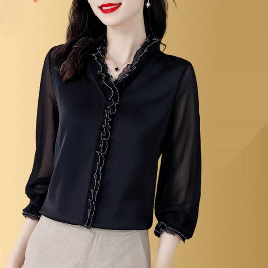 New Solid Color Chiffon Long-sleeved Shirt For Women - Velora