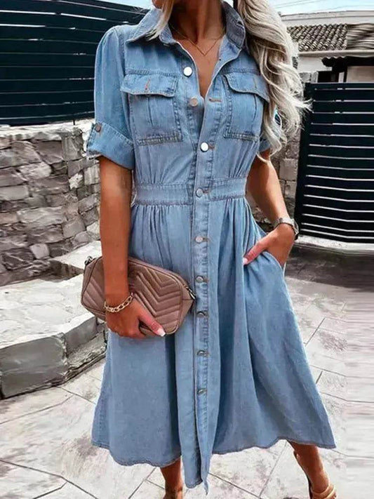 Women's Lapel Breasted Slim-fit Slimming Temperament Blue Denim Midi Skater Dress - Velora