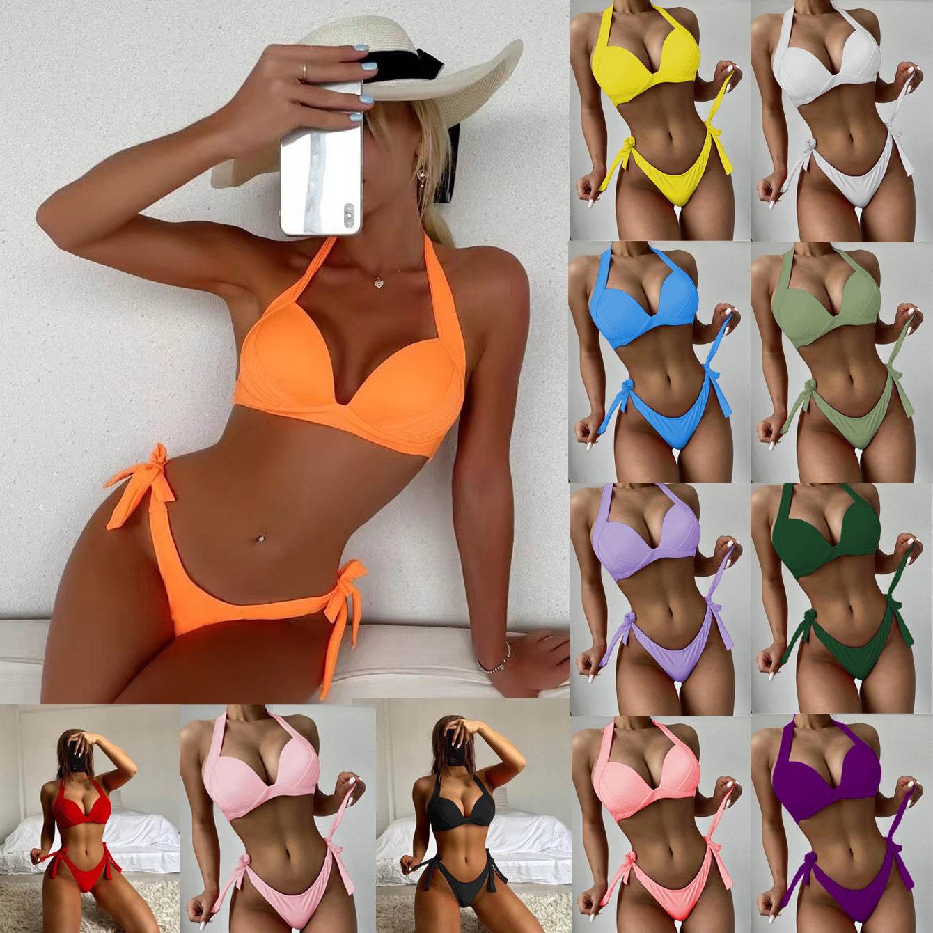 European And American Solid Color Neck Bikini Strap Split Hard Cup Crimp Swimsuit - Velora