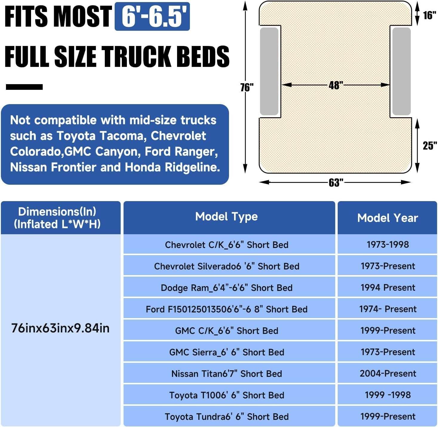 Inflatable Truck Bed Outdoor Camping Air Mattress 6.0-6.5ft - Velora