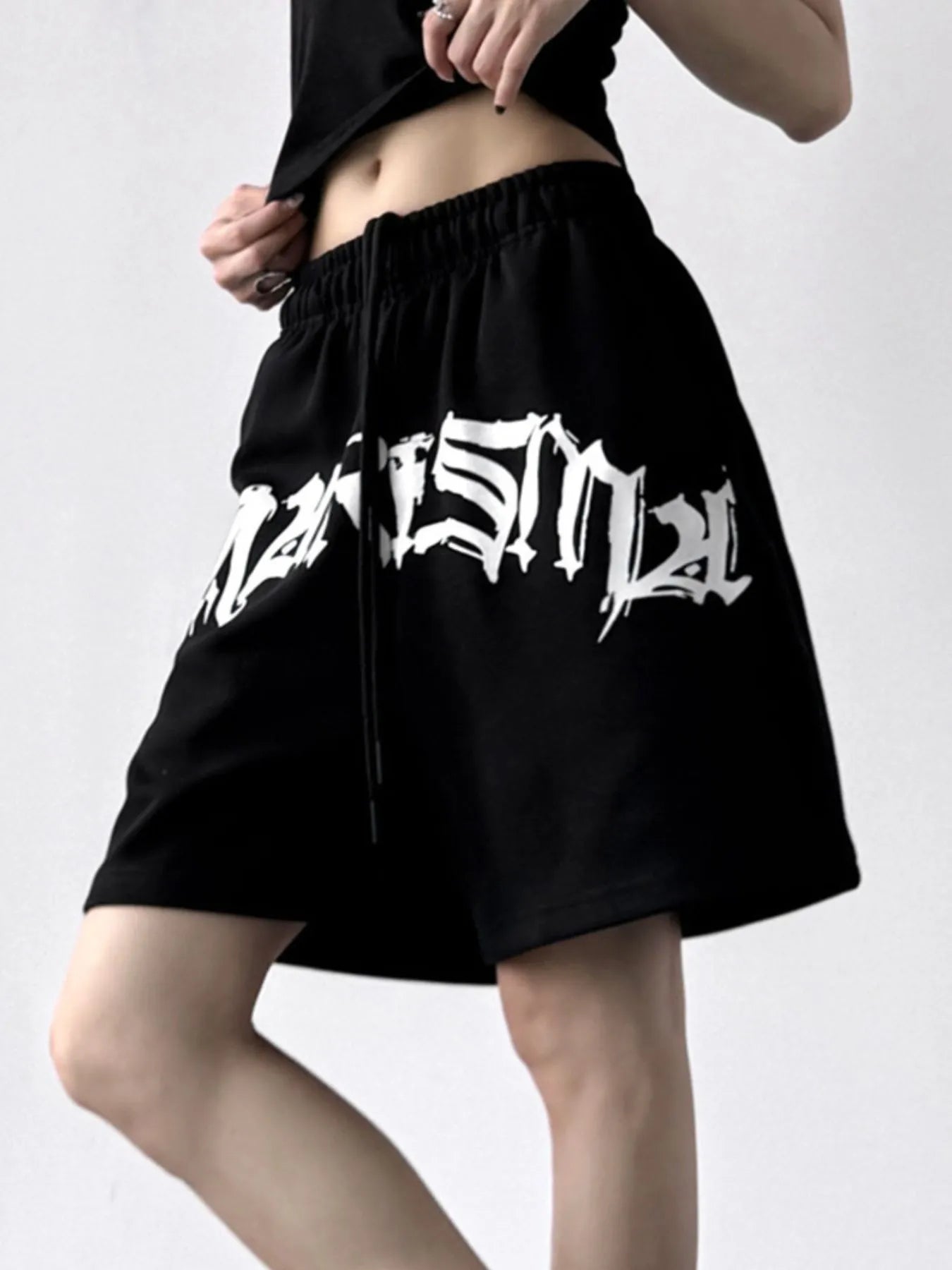 Oversized Drawstring Letter Shorts - Velora