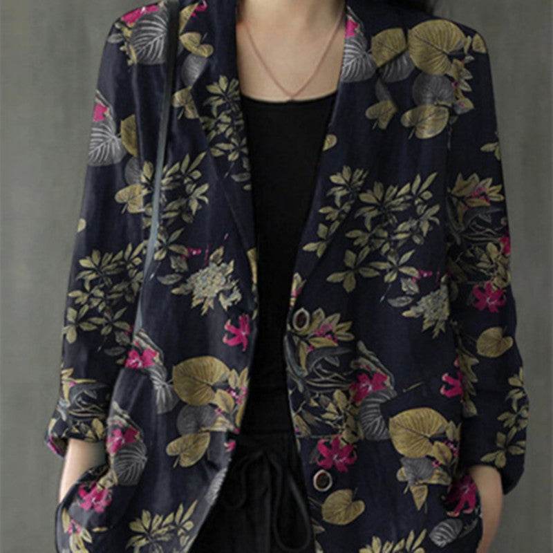 Women's floral Cotton Linen jacket Pocket Blazer - Velora