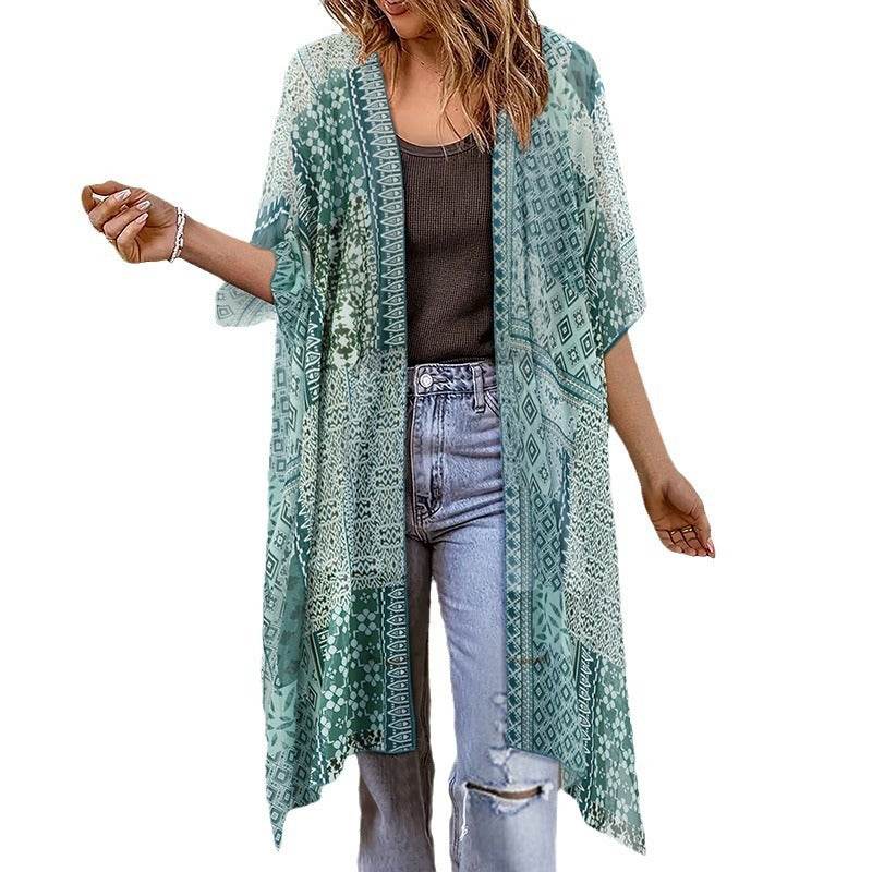 Spring Summer Printed Sun Protection Beach Kimono Cardigan Blouse top Women - Velora