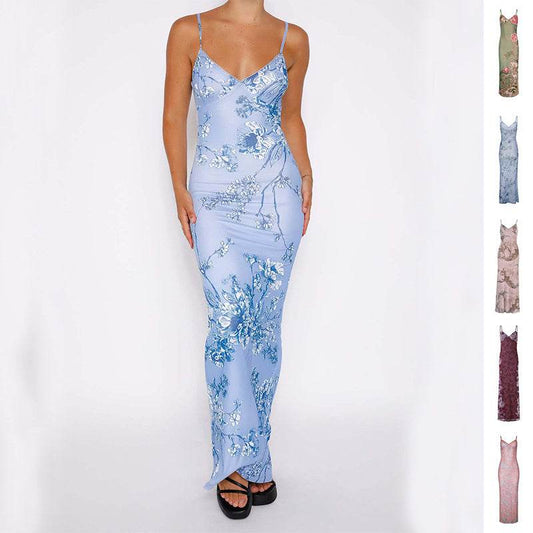 Y2K Slim Flowers Printing Slip Dress Women's Summer Suspender Skirt Vacation Beach Long Dresses - Velora
