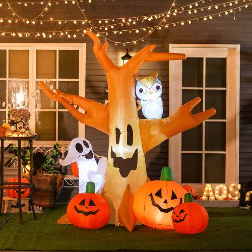 HOMCOM 7.5 Tall Lighted Halloween Inflatables Outdoor Decorations Haunted Tree With Owl, Ghost, Pumpkins, Blow Up LED Yard Decor For Garden, Lawn, Party, Holiday, Waterproof - Velora