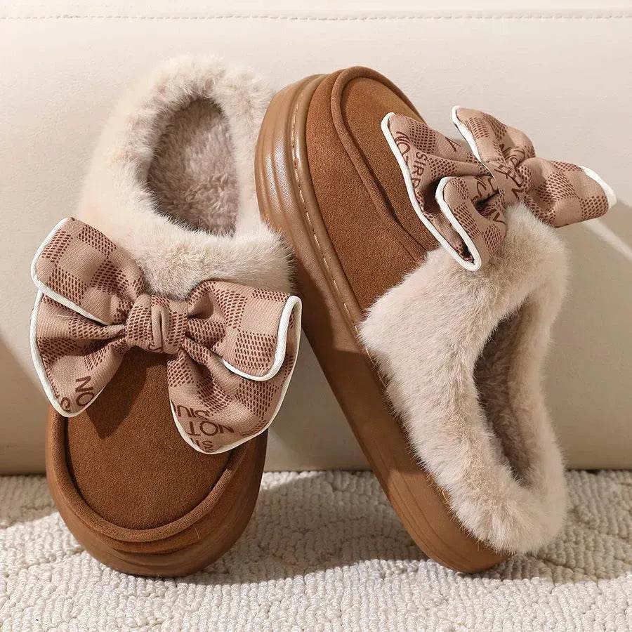 Cute Bowknot Plush Slipper Winter Warm Indoor Floor Bedroom Home Slippers For Women Fashion Thick-soled Solid House Shoes - Velora