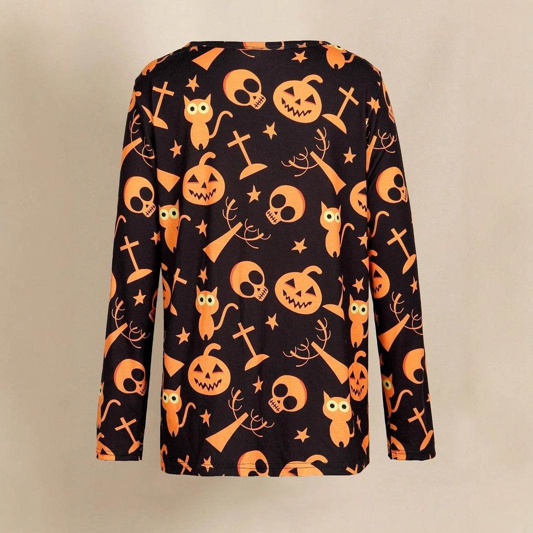 Digital Printing Halloween Round Neck Long Sleeve Plus Size T-shirt - Velora