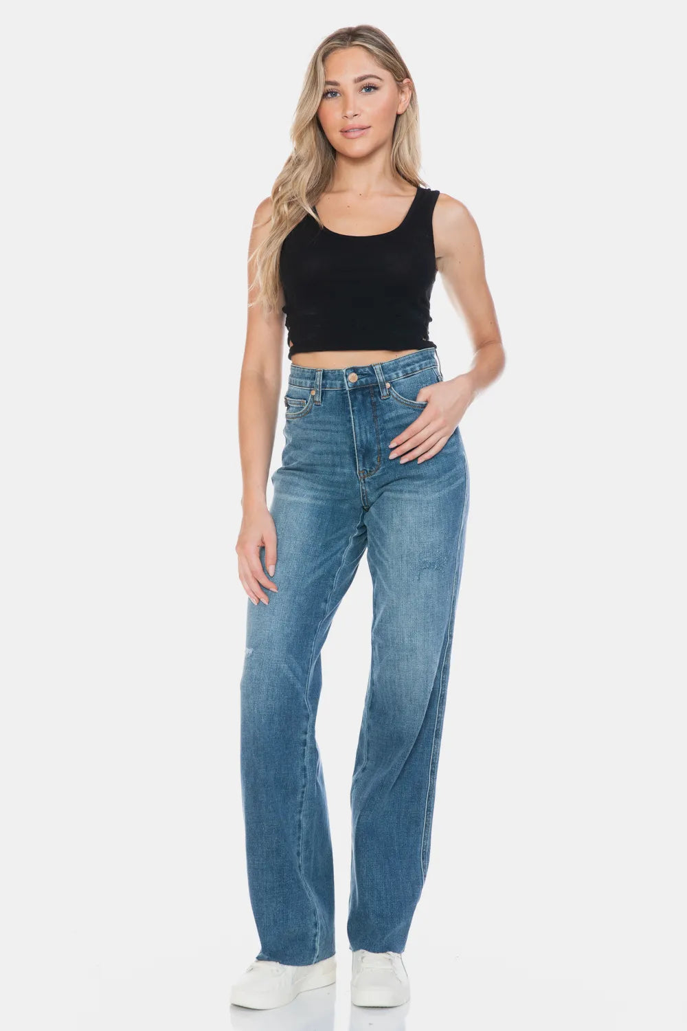 Judy Blue Full Size Tummy Control Cut Raw Hem Straight Jeans - Velora