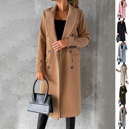Long Sleeve Lapel Coat Winter Fashion Solid Double Breasted Slim Long Jacket Womens Clothing - Velora
