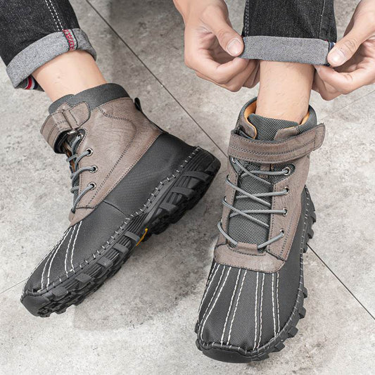 Winter Fleece Lace-up Snow Boots For Men Women Waterproof And Anti-slip Outdoor Work Boot Fashion Warm Mid-tube Cotton Shoes Men - Velora