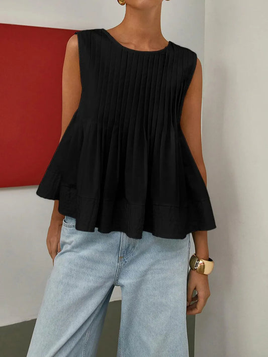 Pleated Peplum Round Neck Sleeveless Top - Velora