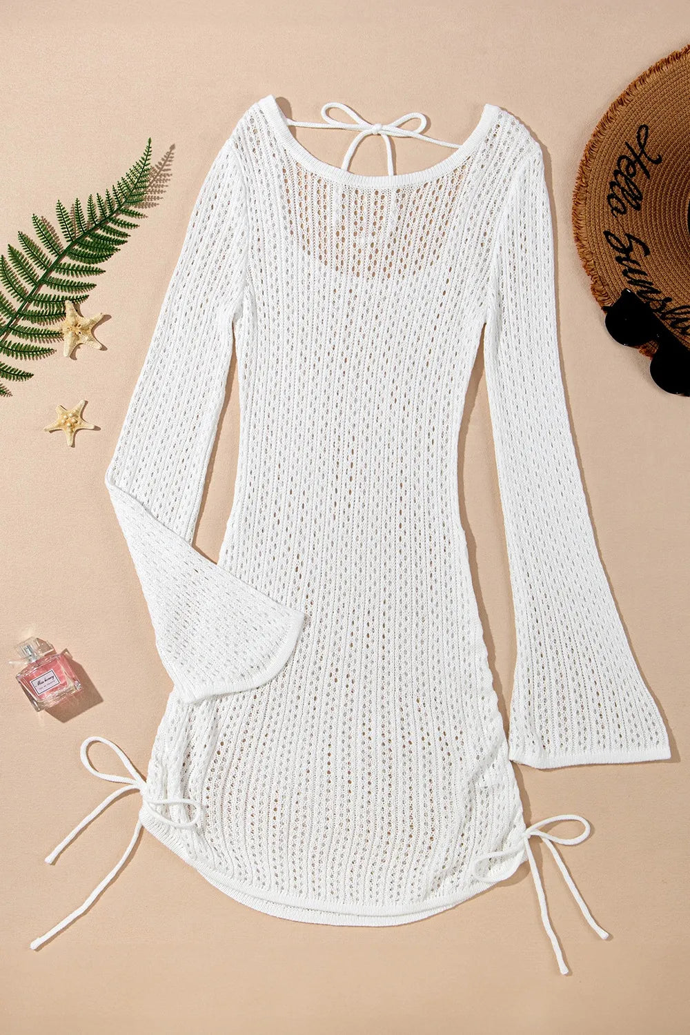 Hollow Out Bell Sleeve Drawstring Knit Cover Up Dress - Velora