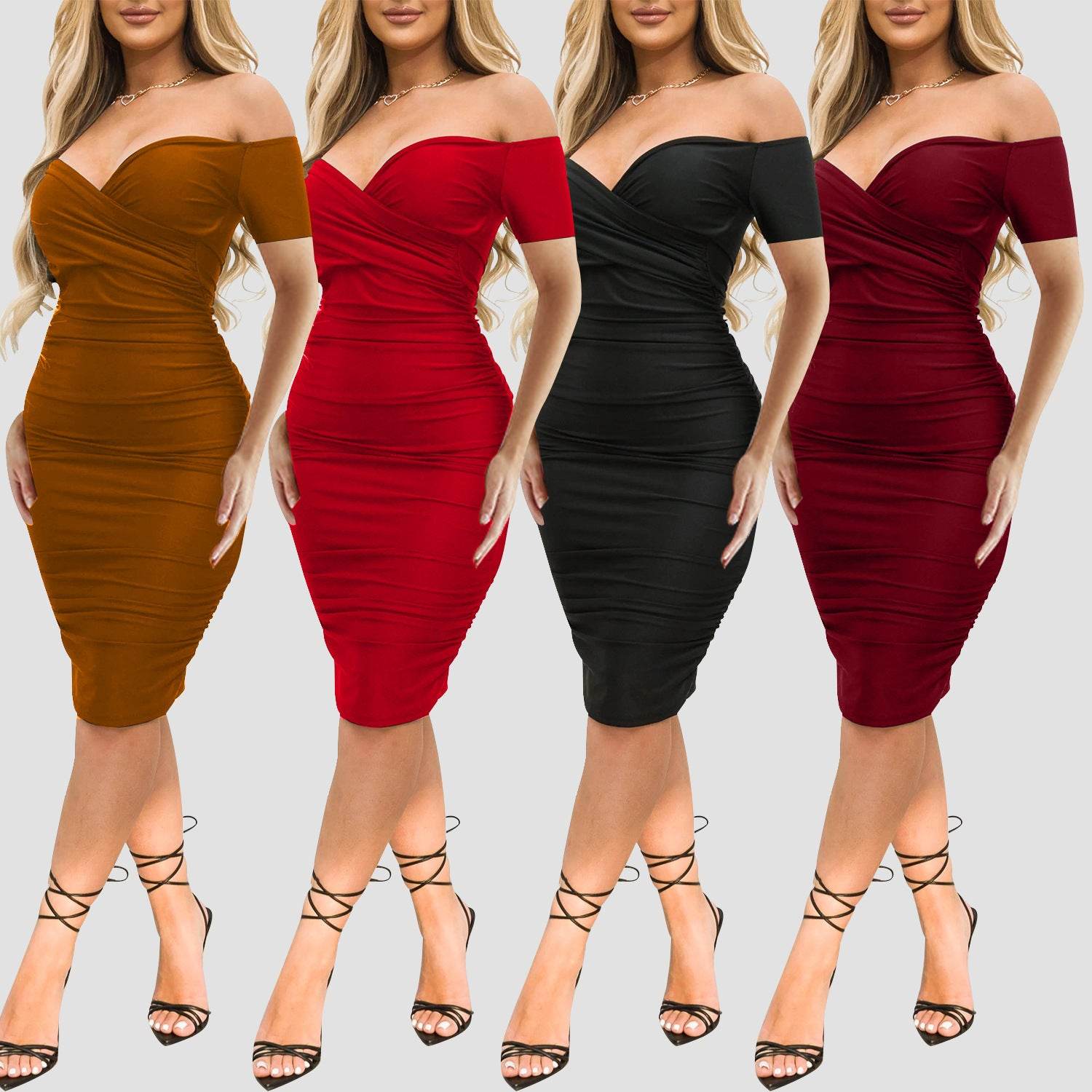 Women's Nightclub Off-shoulder Short Sleeve Dress Sexy Off The Shoulder Midi Dress Ruched Bodycon Dresses - Velora