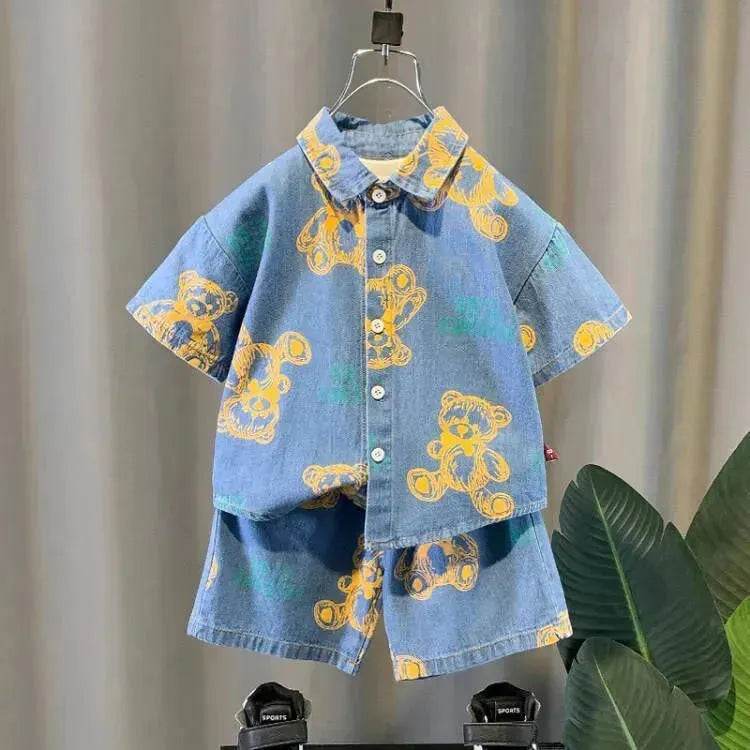 Denim Short Sleeve Shirt Outfit Trendy Handsome Clothes Boys Denim two piece for boys - Velora