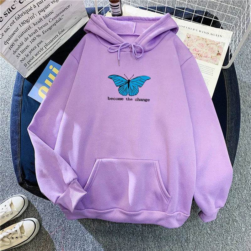 Women Single Butterfly Autumn And Winter Loose Hoodie Pullover sweatshirt - Velora