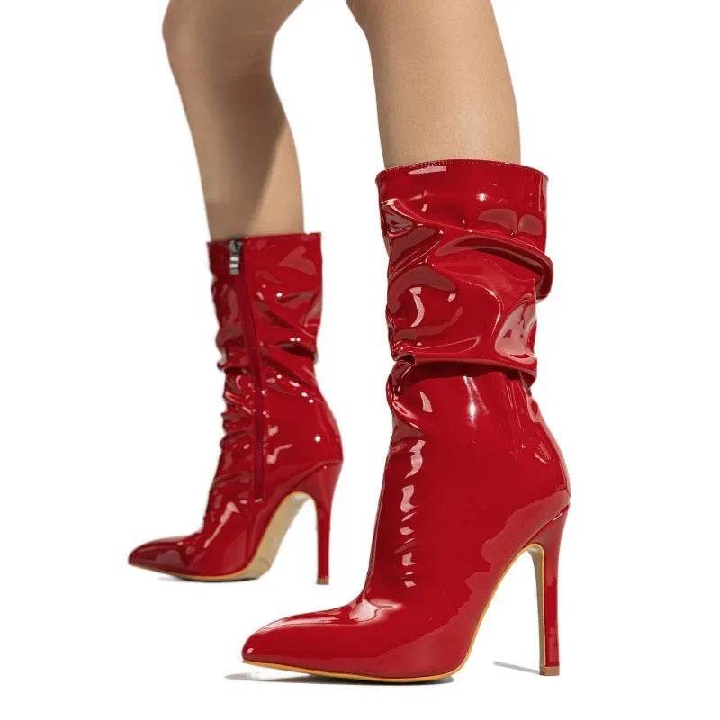 Patent Leather High Heel Pointed Stiletto Heel Pile Style Boots - Velora