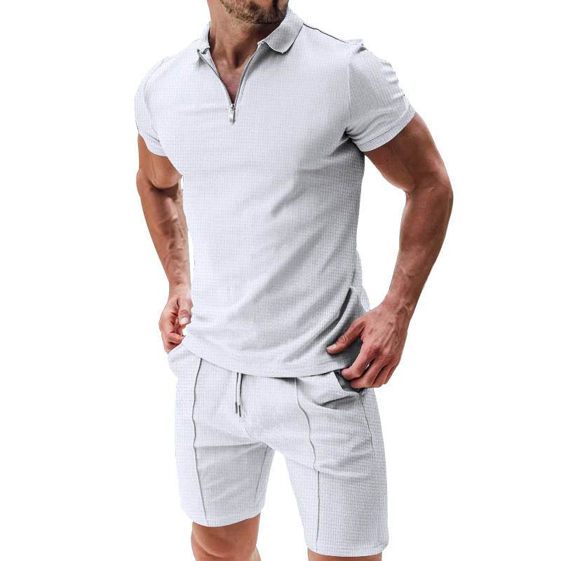 2Pcs Casual Waffle Suit Summer Zipper Lapel Short-sleeved Top And Drawstring Pockets Shorts Versatile Solid Color T-shirt Set For Mens Clothing - Velora