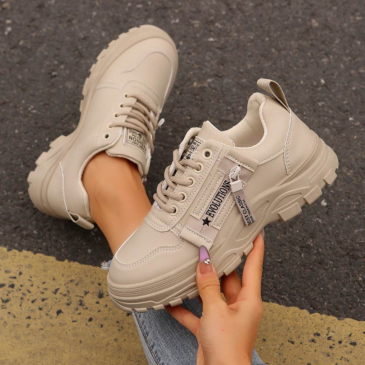 Lace-up Sports Shoes With Side-Zipper Design Fashion Thick-soled Round-toe Casual Shoes For Women Sneakers - Velora