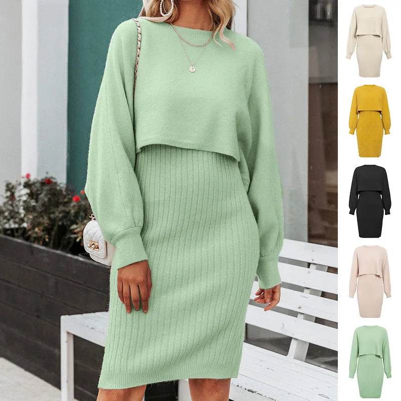 Women 2pcs Winter Outfit Cashmere dress Cropped Pullover top - Velora