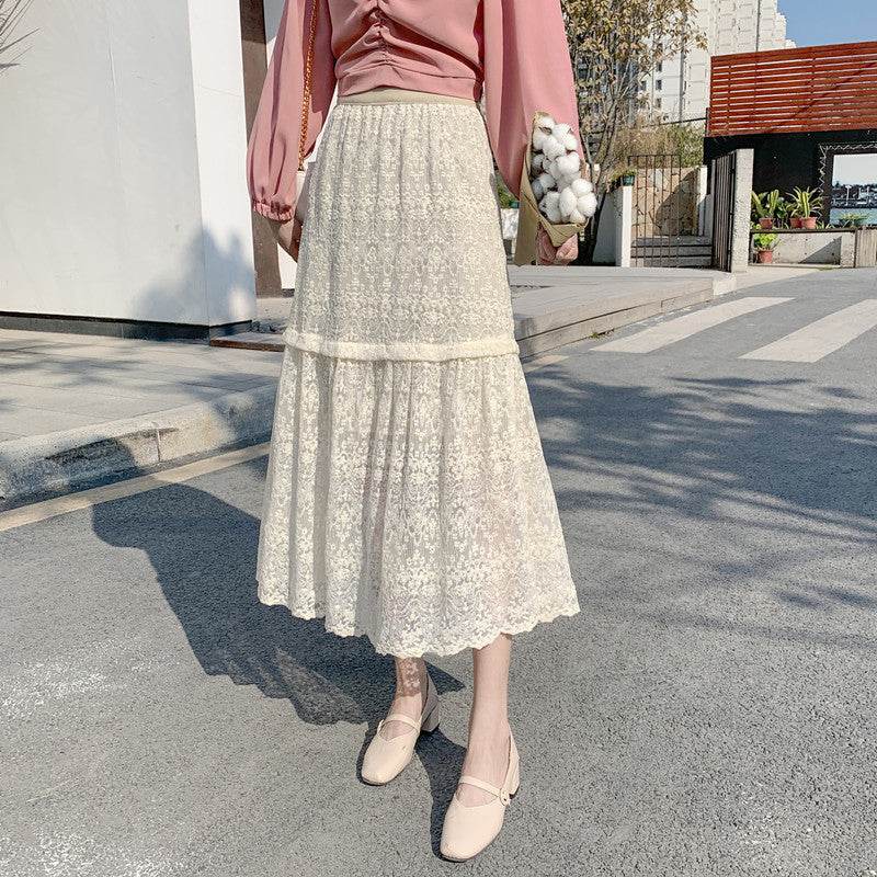Spring Summer Women High waist Lace Midi Skirt - Velora