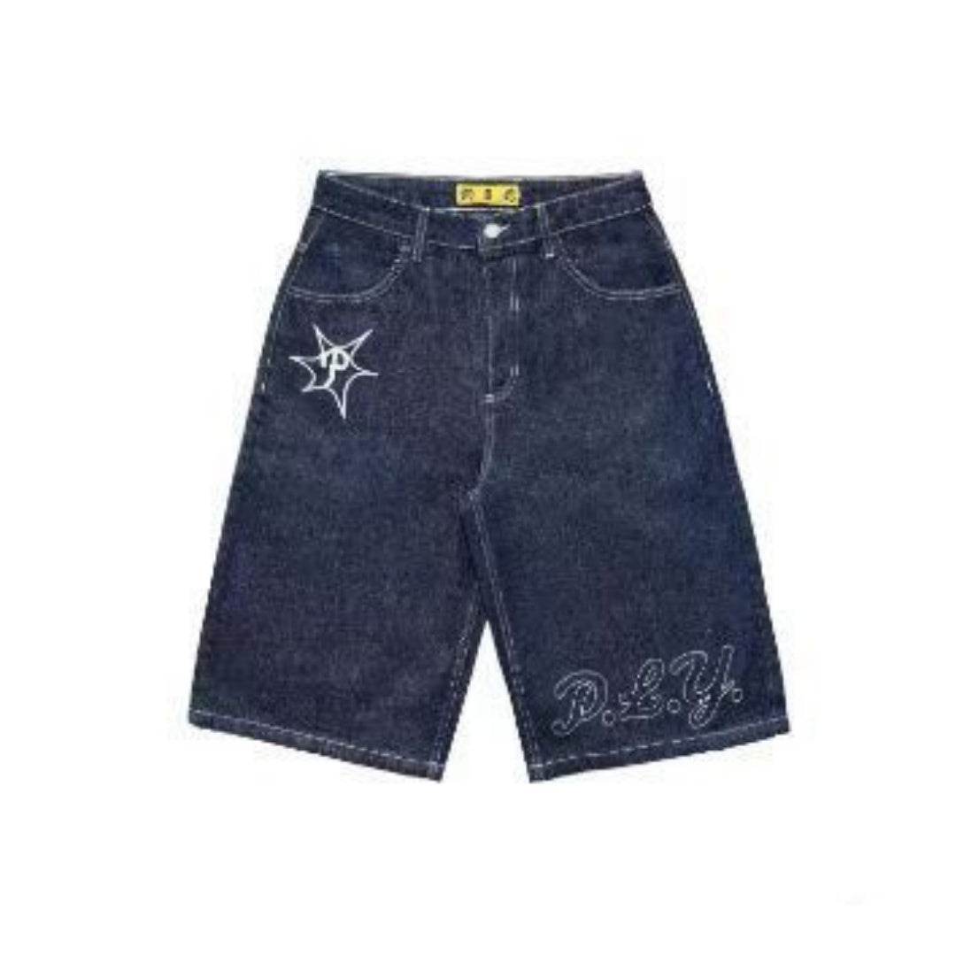 Full Embroidery Dark Blue Denim Shorts Men Jeans - Velora