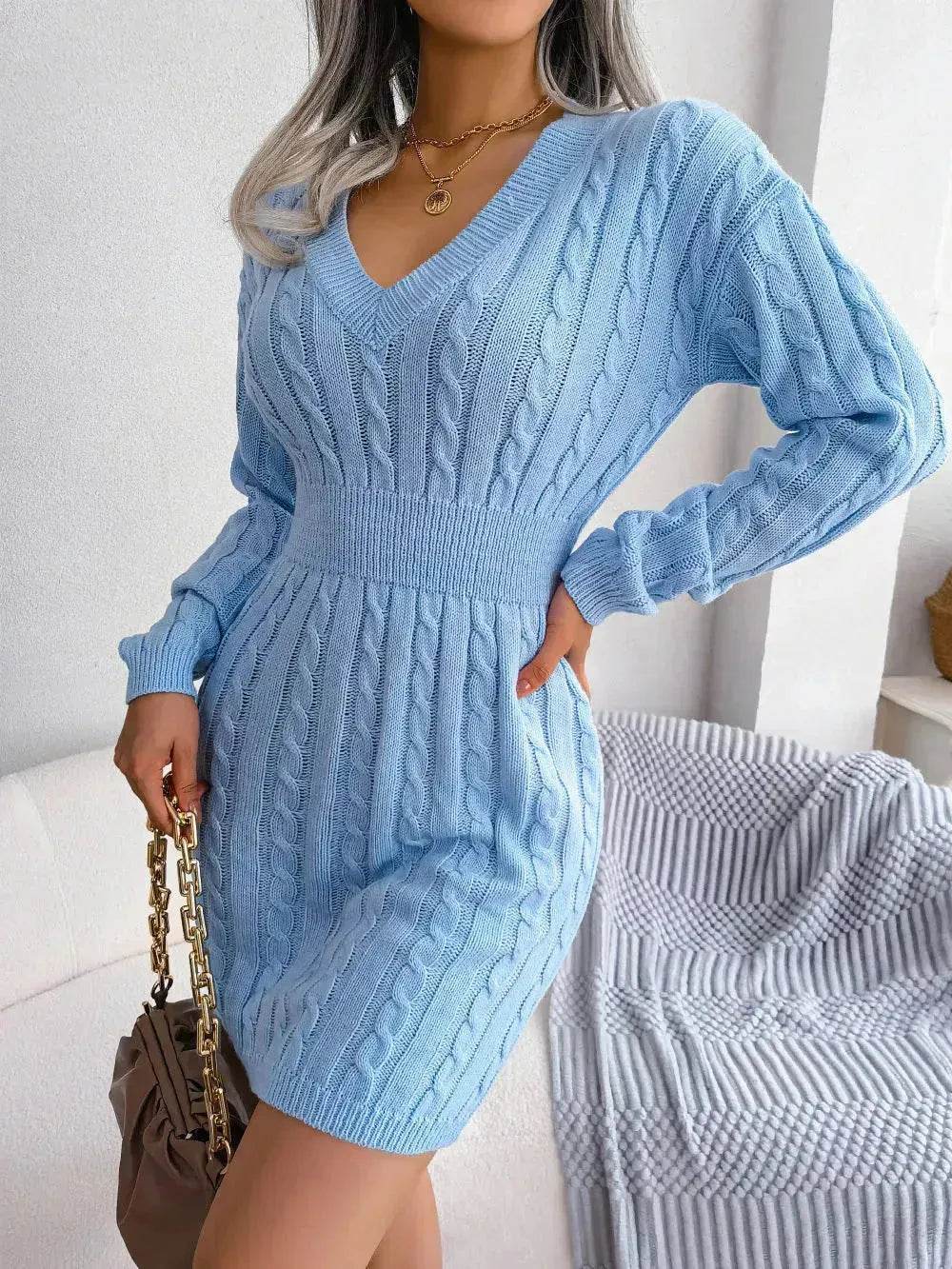 Solid Color V-Neck Long Sleeve Slim fit Winter Knit Mini sweater Dress Slim - Velora