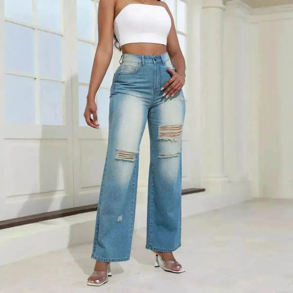Fashion High Waist Ripped Jeans pants With Pockets Comfortable Slim Fit Denim Trousers Straight Wide-leg jeans Pants - Velora