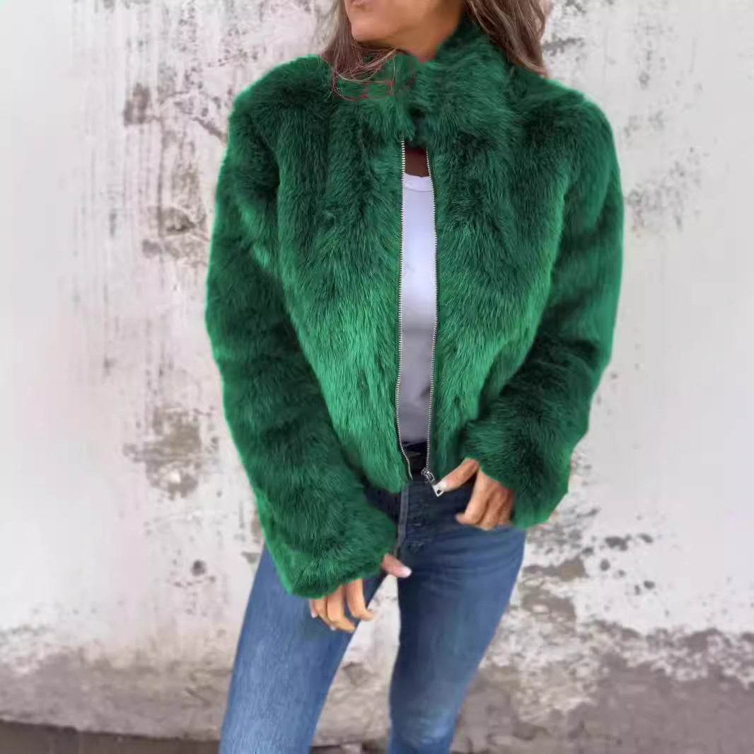 Fashion Stand Collar Plush Jacket Winter Casual Turtleneck Zipper Coat Fleece Tops Women's Clothing - Velora