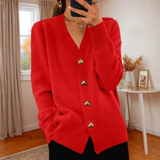 V-neck Knitted Sweater With Love Button Fashion Solid Long-sleeved Cardigan Spring And Autumn Women's Clothing - Velora