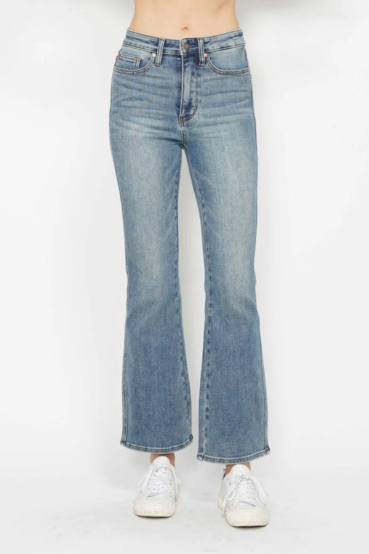 Judy Blue Full Size Tummy Control Back Embroidered Pocketed Bootcut Jeans Plus Size - Velora